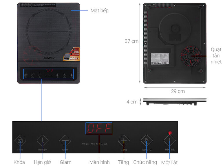Bếp từ Hommy XH-A36 với bảng điều khiển cảm ứng tiếng Việt dễ dàng điều chỉnh với 8 mức công suất và chức năng.