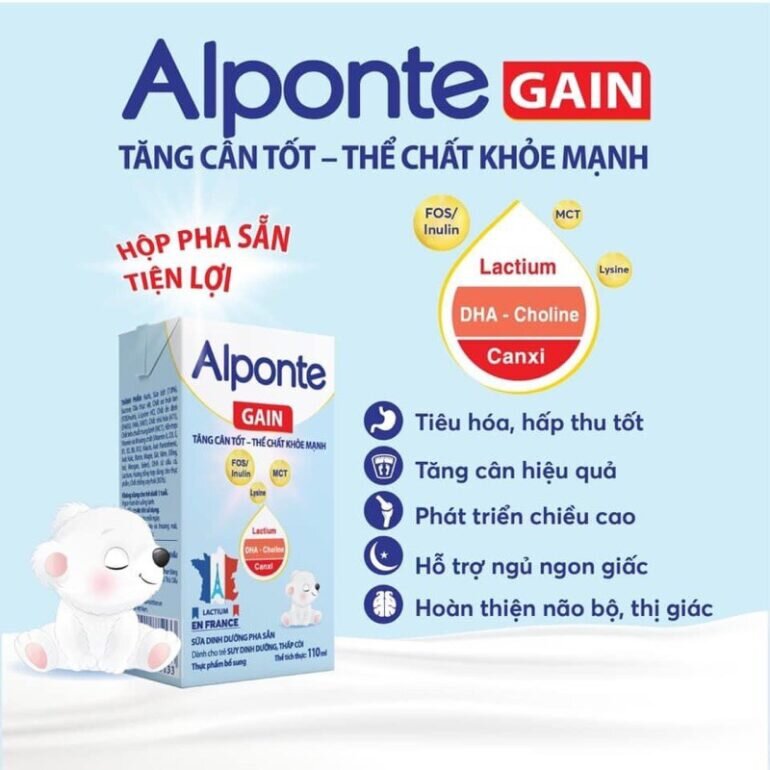 Sữa bột pha sẵn Alponte Gain - Giá niêm yết: 9.000 vnđ/hộp 110ml và 11.500 vnđ/hộp 180ml