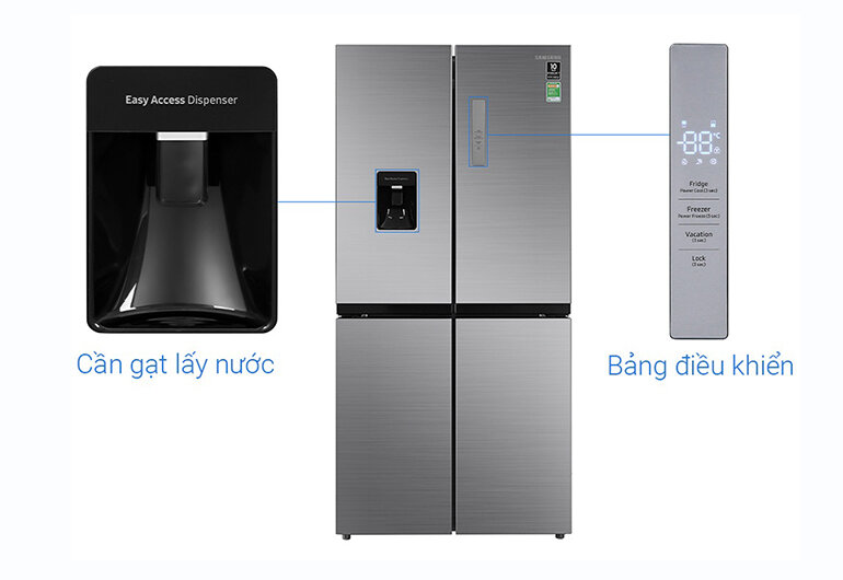 Tủ lạnh Samsung RF48A4010M9/SV có ngăn lấy nước bên ngoài và bảng điều khiển điện tử