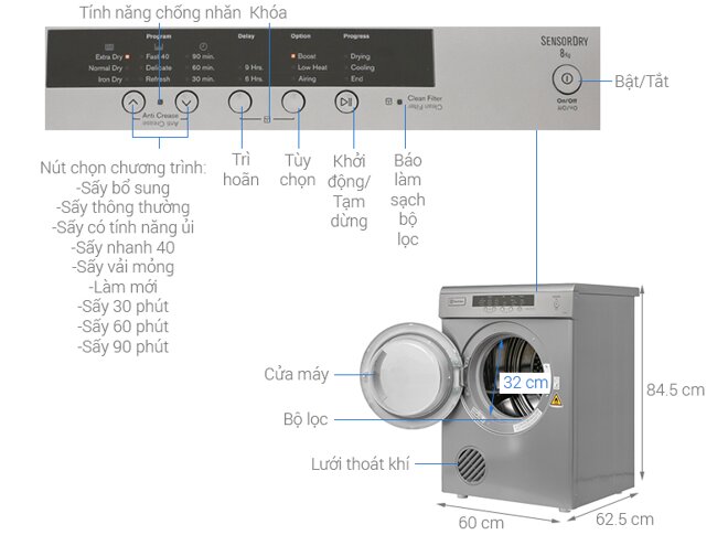 Máy sấy thông hơi 8kg Electrolux EDV8052S tiện lợi dễ sử dụng