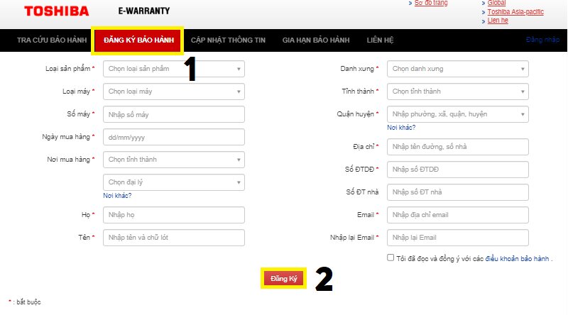 đăng ký bảo hành máy giặt Toshiba