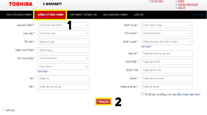 đăng ký bảo hành máy giặt Toshiba