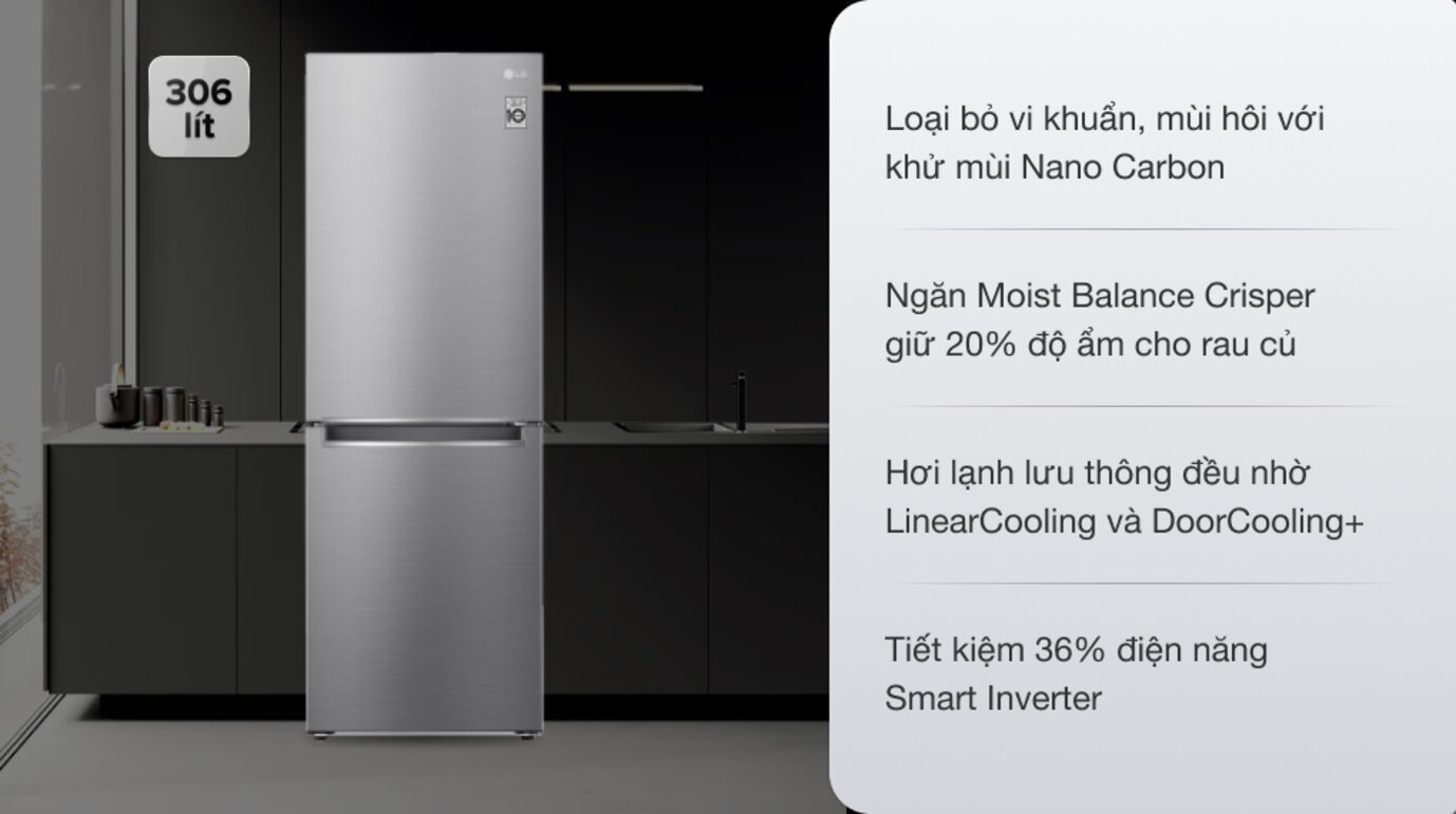 Tủ lạnh LG GR-B305PS với thiết kế đơn giản, ngăn đá được bố trí bên dưới.