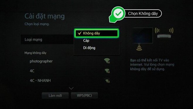 Chọn kết nối Không dây với mạng Wifi 