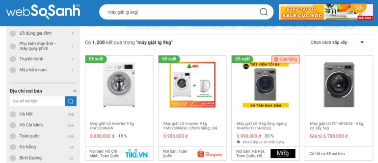 Tìm nơi bán máy giặt LG cửa ngang 9kg thật dễ dàng với Websosanh.vn