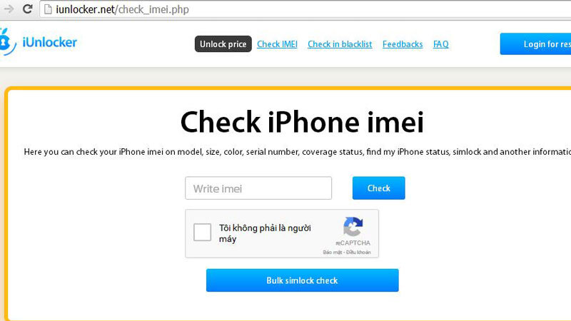 Giao diện của website check IMEI cho iPad 