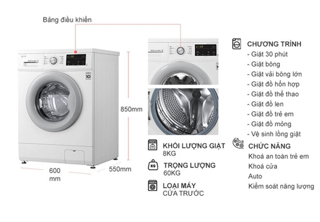 Thông số kỹ thuật – Máy gặt LG lồng ngang 8kg FM1208N6W Inverter Direct Drive