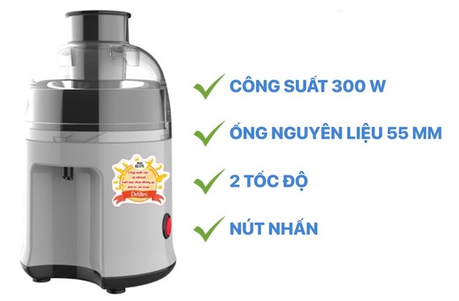 Máy ép trái cây Delites gs-375 hoạt động với công suất 300W giúp ép nhanh chóng, lọc sạch bã và cho nước ép sáng mịn, thơm ngon.