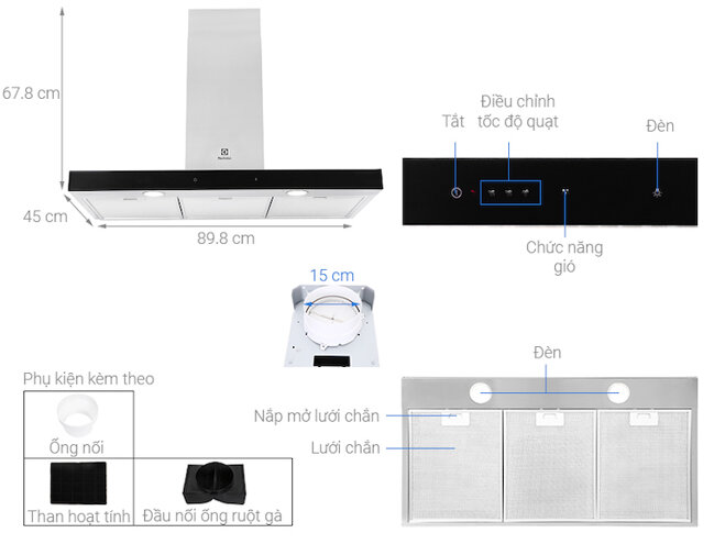 Máy hút mùi áp tường Electrolux LFT769X được thiết kế áp tường dễ dàng lắp đặt.