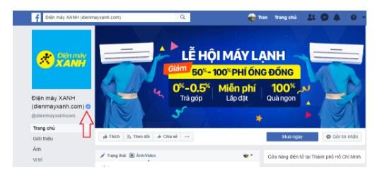 fanpage chính thức có dấu tích xanh facebook của điện máy xanh