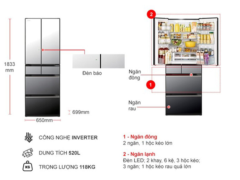 Thiết kế tủ lạnh Hitachi Inverter R-HW540RV X/XK