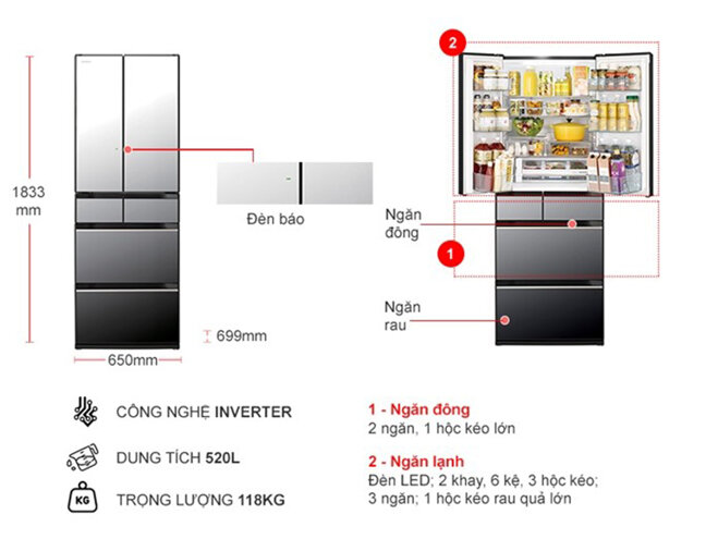 Thiết kế tủ lạnh Hitachi Inverter R-HW540RV X/XK