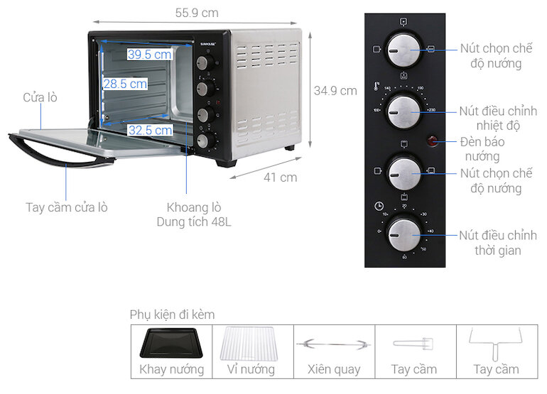 Lò nướng Sunhouse SHD4248S có chức năng nướng thực phẩm, nướng bánh, nướng gà nguyên con 2 kg trở xuống.