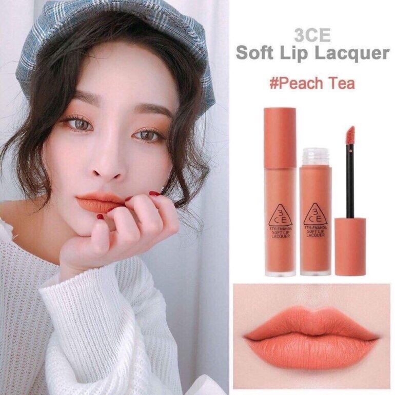 Son kem lì 3CE Soft Lip Lacquer Peach Tea – Cam Nude hợp với những cô nàng có làn da sáng, khi đánh lên không bị bợt