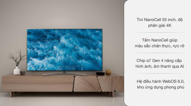 Điểm ấn tượng của chiếc smart tivi NanoCell LG 4K 55 inch 55NANO86TPA chính là thiết kế với gam màu tối sang trọng