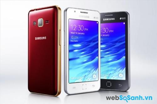 Trong khi đó Samsung Z1 có thiết kế phẳng, vuông vức khác hẳn Galaxy J1 Trong khi đó Samsung Z1 có thiết kế phẳng, vuông vức khác hẳn Galaxy J1