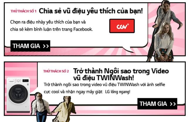 Các phần quà giá trị như vé xem phim CGV, máy giặt LG lồng ngang và máy giặt LG Twin Wash đang chờ bạn khi tham gia 3 thử thách