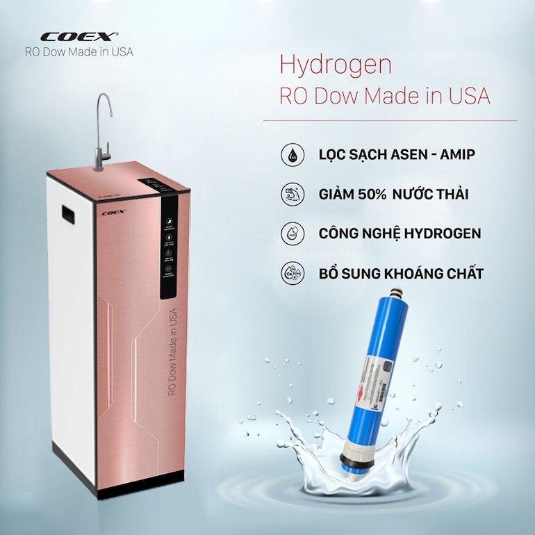 Máy lọc nước Coex Hydrogen WP-7211 được trang bị lõi lọc LG Hàn Quốc kết hợp cùng với màng lọc RO Filmtec Made in USA.