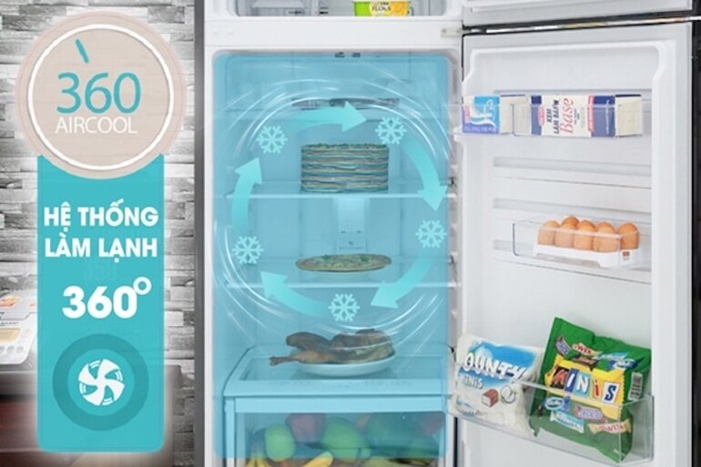 Công nghệ làm lạnh 360 độ được trang bị giúp cho hơi lạnh tỏa ra đều mọi không gian trong khoang tủ