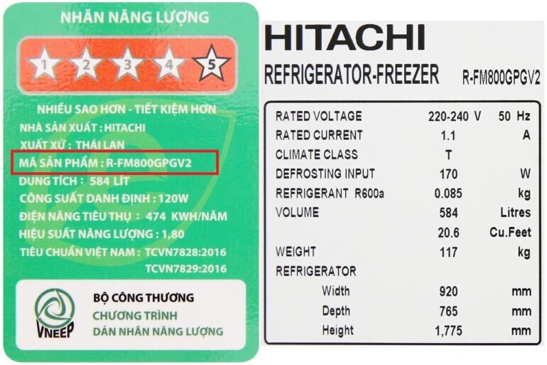 Cách xem tên tủ lạnh Hitachi R-FM800GPGV2 trên tem năng lượng