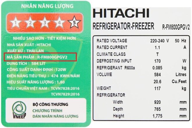 Cách xem tên tủ lạnh Hitachi R-FM800GPGV2 trên tem năng lượng