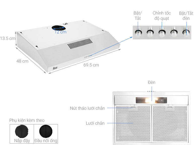 Teka CLA 72K00S sử dụng 2 lưới lọc bằng chất liệu nhôm dễ dàng tháo rời để vệ sinh chùi rửa.