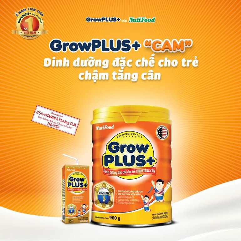 Sữa Grow Plus màu cam phù hợp với trẻ chậm tăng cân (Nguồn: suabottot.com)