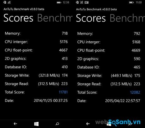  Tốc độ xử lý Lumia 640 (phải) nhỉnh hơn so với Lumia 535 (trái) khi so sánh qua phần mềm AnTuTu