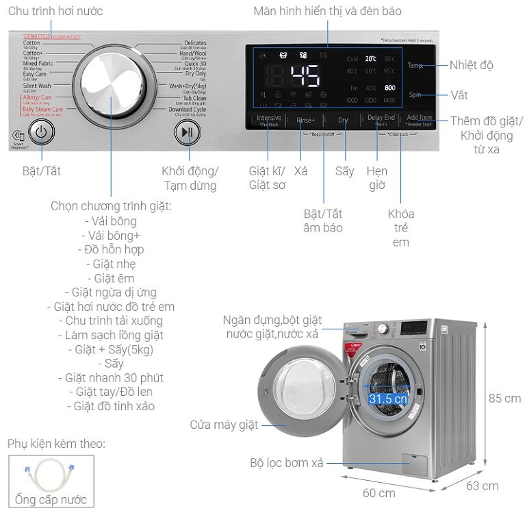 Ngoài chức năng giặt giũ, máy giặt sấy LG Inverter 9kg FV1409G4V có thể sấy đến 5kg quần áo