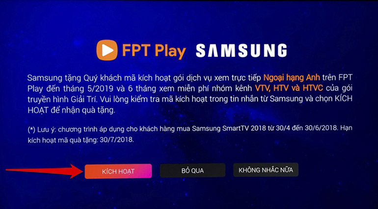 Hướng dẫn đăng ký gói khuyến mãi FPT Play trên Smart tivi Samsung 2018