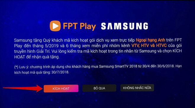 Hướng dẫn đăng ký gói khuyến mãi FPT Play trên Smart tivi Samsung 2018