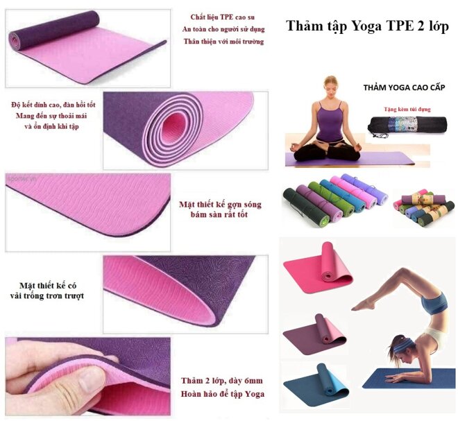 Thảm tập yoga TPE 2 lớp với kích thước lớn, dễ dàng phù hợp với cơ thể nhiều người tập khác nhau 