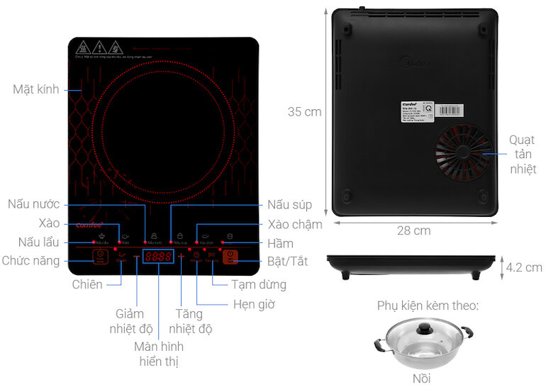 Bếp từ Comfee CI-TD2120A với mặt kính Ceramic Black Hegon (Đức) có độ bền tốt, dễ dàng chùi rửa.