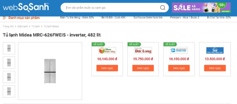 So sánh giá và tìm nơi bán tủ lạnh 4 cánh Midea MRC-626FWEIS 482 Lít với Websosanh.vn thật dễ dàng