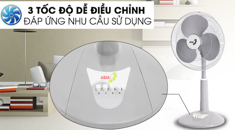 Quạt lửng Asia A16019-XV0 có 3 tốc độ gió được điều chỉnh qua nút nhất ở trên chân quạt.