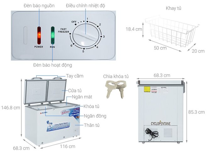 Tủ đông Alaska inverter 2 ngăn 282 lít BCD-4568CI có thiết kế hiện đại