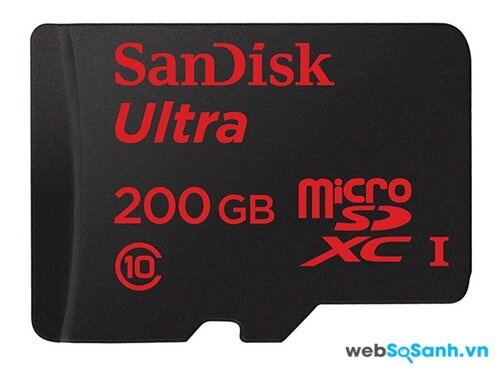 Sandisk phát hành một thẻ nhớ microSD 200GB vào tháng ba năm 2015. Nhìn vào bức tranh, số '10' ở dưới cùng bên trái cho thấy đó là một thẻ Class 10. Ở bên phải, bạn có thể thấy rằng chiếc thẻ nhớ này là một thẻ micro SDXC, và số '1' bên cạnh đó có nghĩa là nó tương thích UHS-1.