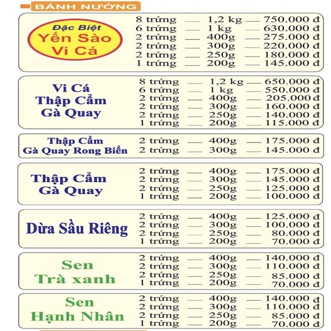 Bảng giá bánh nướng Như Lan