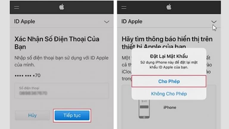 Thực hiện đặt lại mật khẩu Apple ID bằng cách nhấn cho phép