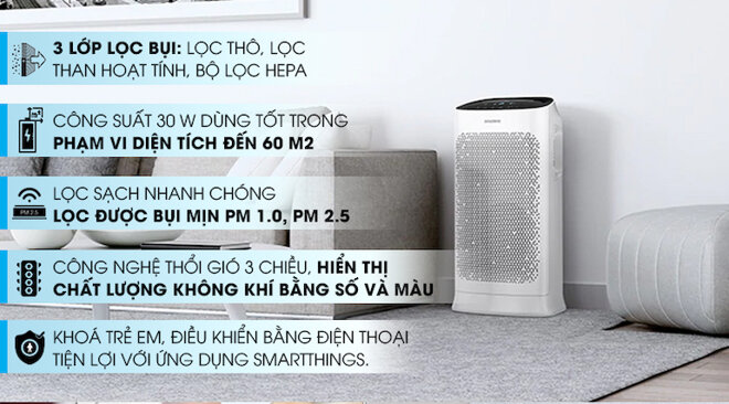 Máy lọc không khí Samsung AX60R5080WD/SV (60m2) sở hữu thiết kế vững chắc, sang trọng cùng bánh xe di chuyển linh hoạt.