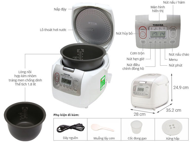 Toshiba RC-18NMF có thiết kế chắc chắn, cùng gam màu trắng sang trọng góp phần làm tôn thêm vẻ đẹp cho căn bếp.