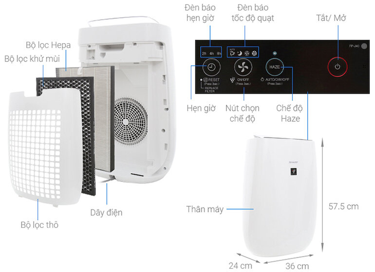 Máy lọc không khí Sharp fp-j40e-w giúp lọc sạch không khí một cách nhanh chóng với chế độ Haze.