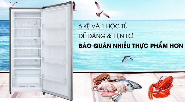 Tủ có 6 kệ, bảo quản được nhiều loại thực phẩm