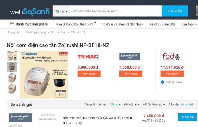 Giá nồi cơm điện tách đường Zojirushi NP-BE18-TD bao nhiêu tiền ?