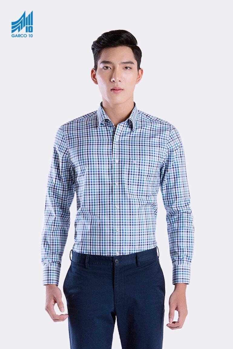 Áo sơ mi nam dài tay M10 kẻ caro màu xanh 010117428 #10 sale từ 435k giá chỉ còn 326k