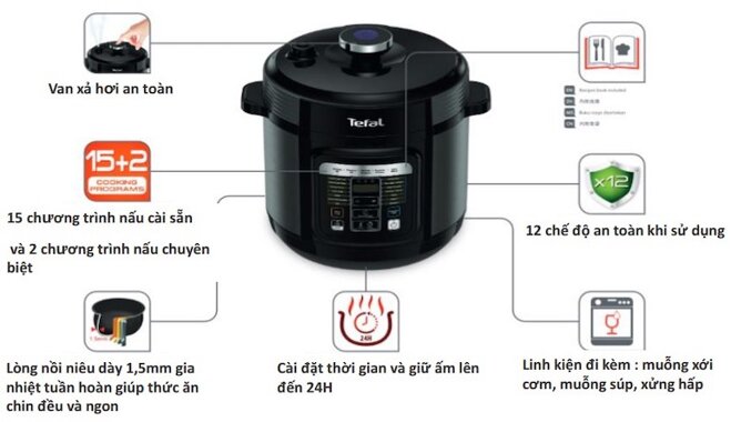 Nồi áp suất Tefal 6l CY601868 điều khiển cảm ứng bằng tiếng Việt cùng màn hình hiển thị dễ dàng sử dụng.