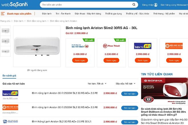 giá bình nóng lạnh Ariston SL2 30 RS 2.5 FE