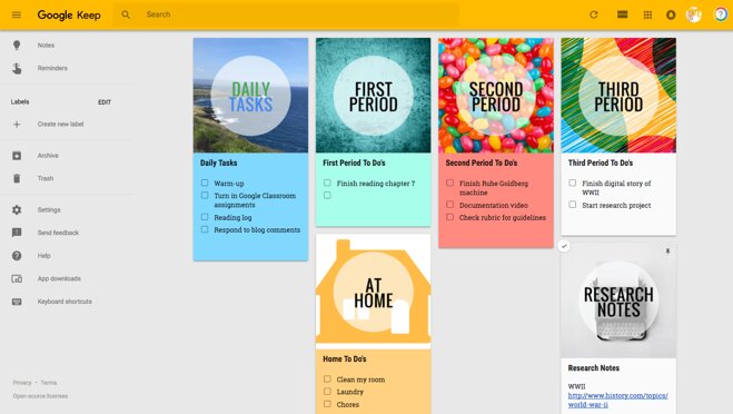 Giao diện Google keep trên máy tính bảng 