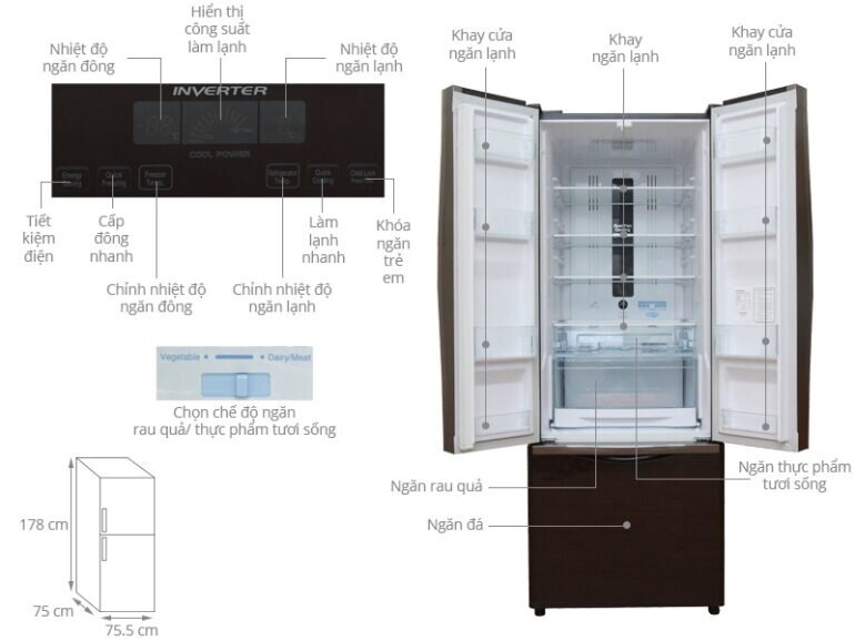 Kích thước tủ lạnh 3 cánh 405 Lít Hitachi R-WB475PGV2 (GBW)