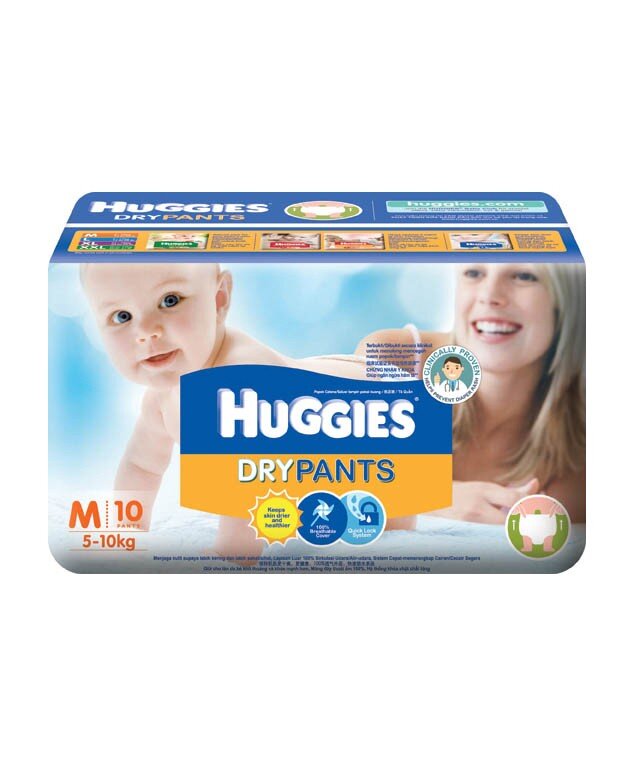 Huggies Dry Pants M10 thiết kế màng đáy thoát ẩm 100% 